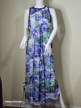 Tropical Blue & Green Sleeveless Maxi Dress